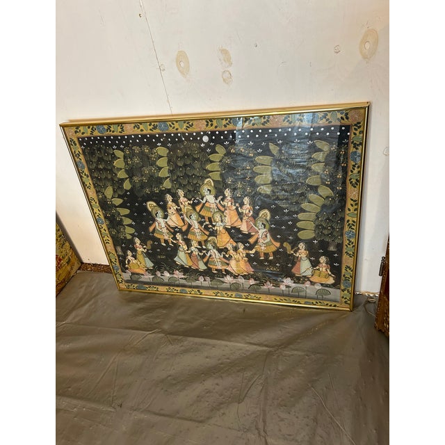 Avocado 1960s Vintage Pichhwai Painting on Silk the Dancing Female, Framed For Sale - Image 8 of 12
