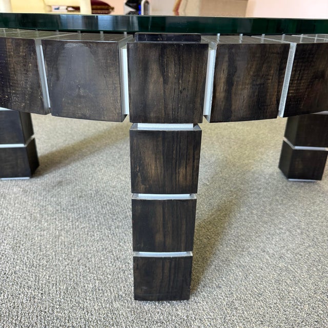 1990s Vintage Postmodern Dark Wood Block and Glass Circular Coffee Table For Sale - Image 5 of 12