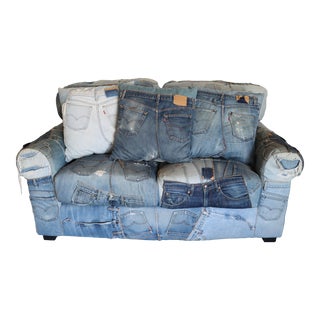 Mid Century Denim Settee For Sale