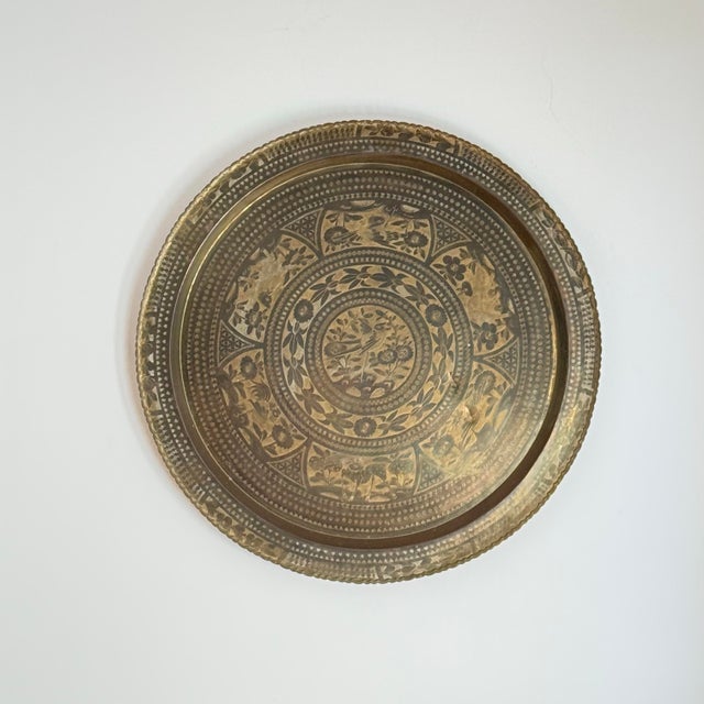 Mid-Century Oversized Hand-Engraved Brass Tray With Birds & Animal Motifs For Sale - Image 9 of 9