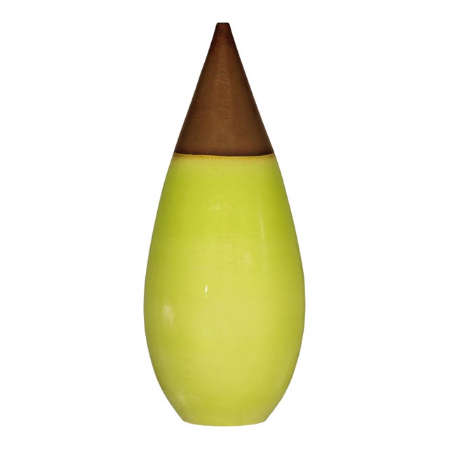 Late 20th Century Large Yellow and Brown Artisan Ceramic Vase with Teardrop Tapered Form For Sale