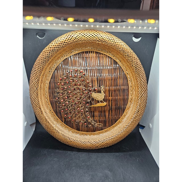 Vintage 1970s Wicker Peacock Wall Hanging Boho Rattan Woven Art