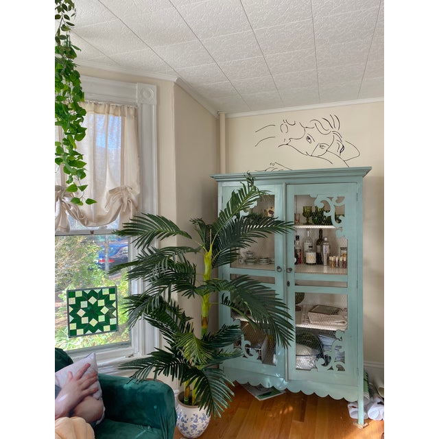 Farmhouse Antique Teal Painted Armoire With Chicken Wire, Scrollwork Cutouts & Scalloped Base For Sale - Image 3 of 5