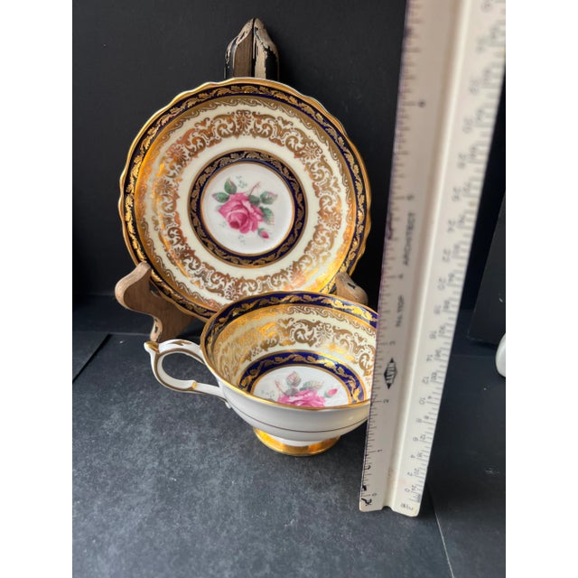 1950s Paragon Tea Cup & Saucer Cobalt Blue & Floral Gold Gilt Teacup Set, England- 2 Pieces For Sale - Image 10 of 13