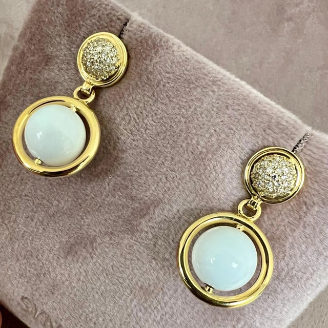 Contemporary Syna Yellow Gold White Agate Rotating Bead Earrings with Diamonds, a Pair For Sale - Image 3 of 5