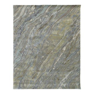 Modern Abstract Rug – Hand-Tufted Wool & Viscose – Blue, Gold, and Grey For Sale