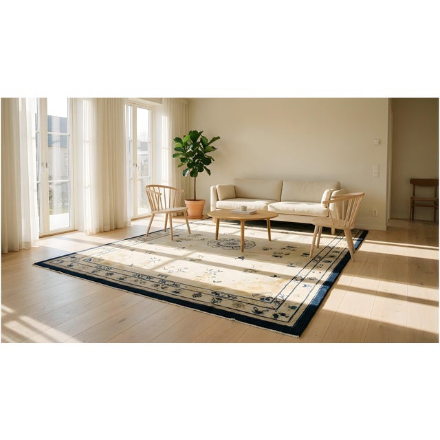 Awesome Beige Background With Small Vases in a Floral Design Antique Chinese Peking Rug For Sale - Image 12 of 14