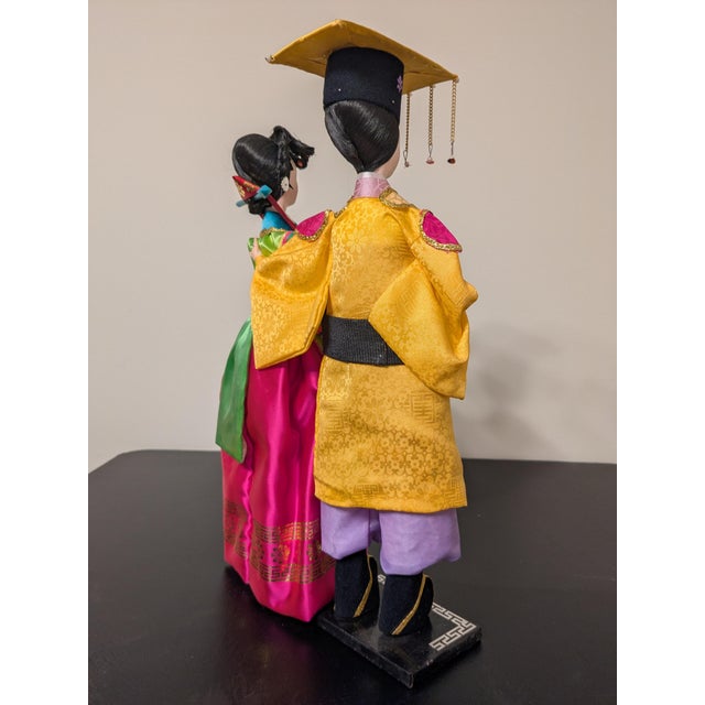 Canary Yellow Vintage Korean Wedding Dolls in Glass & Wooden Case For Sale - Image 8 of 10