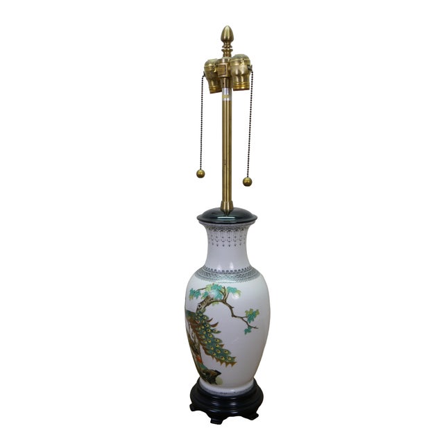 Mid-Century Modern Mid 20th Century Marbro Chinese Famille Rose Porcelain Peacock Vase 2 Light Pull Chain Lamp 31" For Sale - Image 3 of 18