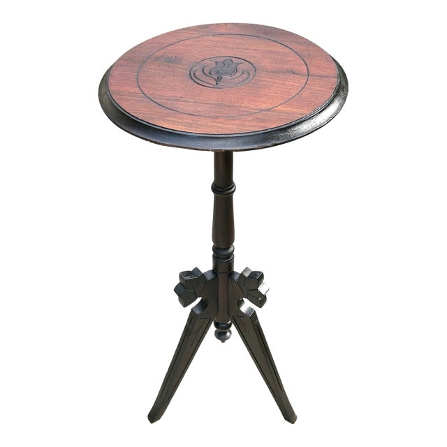 Antique, Walnut, Tripod, Occasional Table, Carved Tulip Motif, Geometric-Incised Details, Victorian/Eastlake Attributes, C 1900-1930’s For Sale
