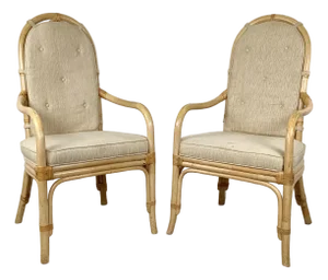 Pair of Vintage Henredon High-Back Bamboo Armchairs With Cushions