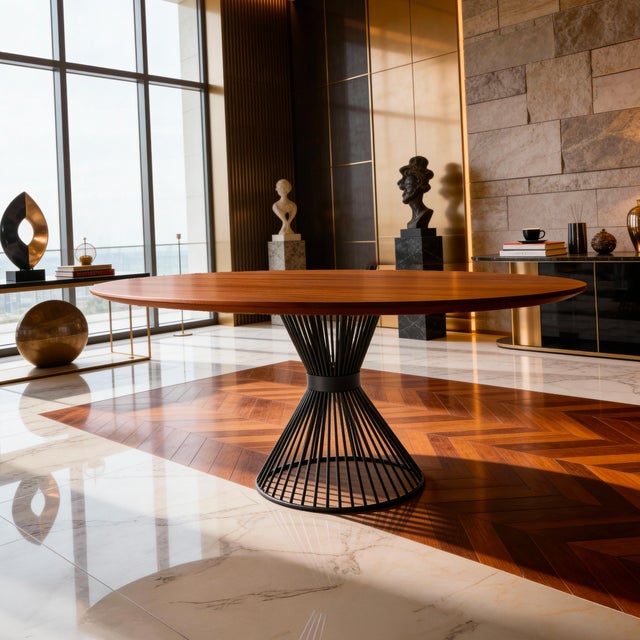 Contemporary Ora Round Dining Table in Wood and Powder-Coated Steel Base by Greyge For Sale - Image 3 of 10