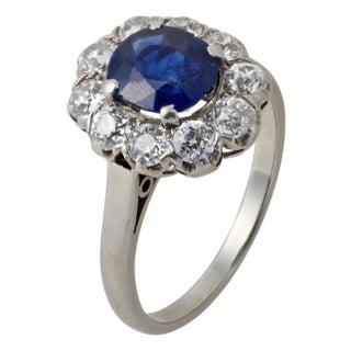 1900-1909 Victorian Gia 1.50 Carat No Heat Sapphire Diamond 14k Cluster Ring, Size 7.25 For Sale