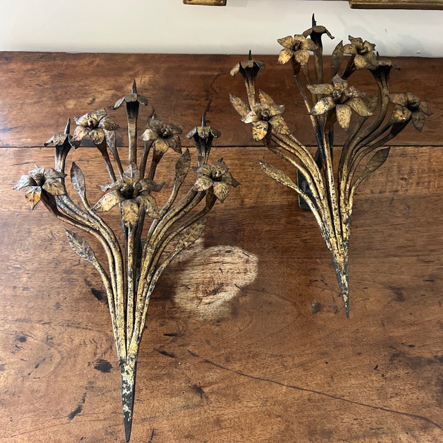 Antique Cold Gilded Candle Prick Floral Wall Sconces- A Pair For Sale In New York - Image 6 of 11