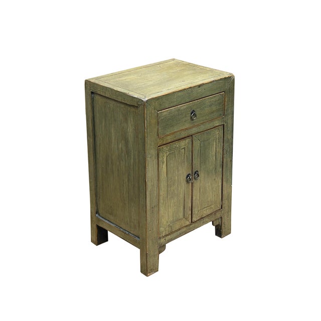 Distressed Marks Light Olive Green Drawer End Table Nightstand For Sale - Image 4 of 9