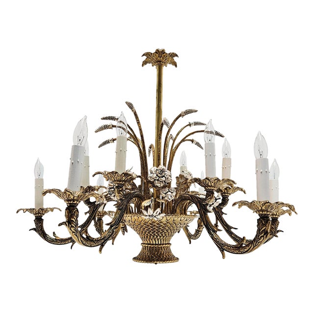 Hollywood Regency Twelve Light Brass Wheat Sheaf Chandelier For Sale