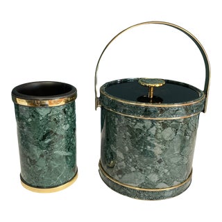 Vintage Green Faux Marble Kraftware Ice Bucket & Wine Chiller Set- 2 Pieces For Sale
