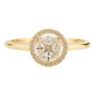 14k Yellow Gold Round Brilliant Diamond Cluster Halo Engagement Ring Size 5.5 For Sale