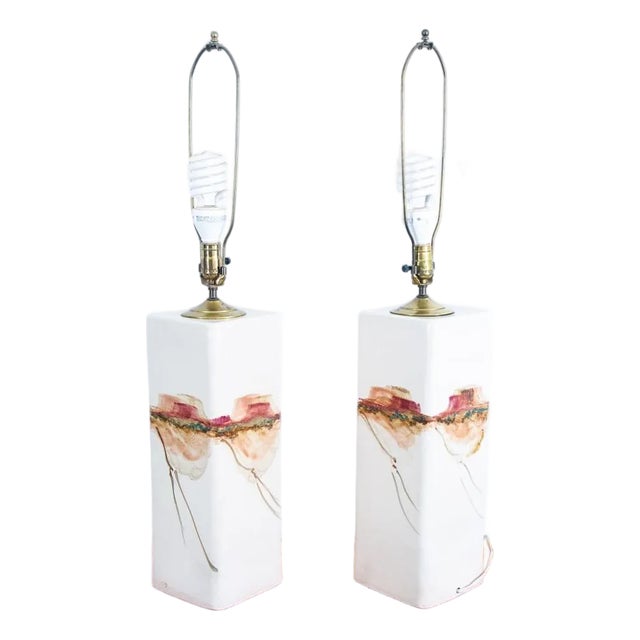 1960s Mid Century Modern Lamp Set Table Light Lighting Ceramic White Working MCM Tall For Sale