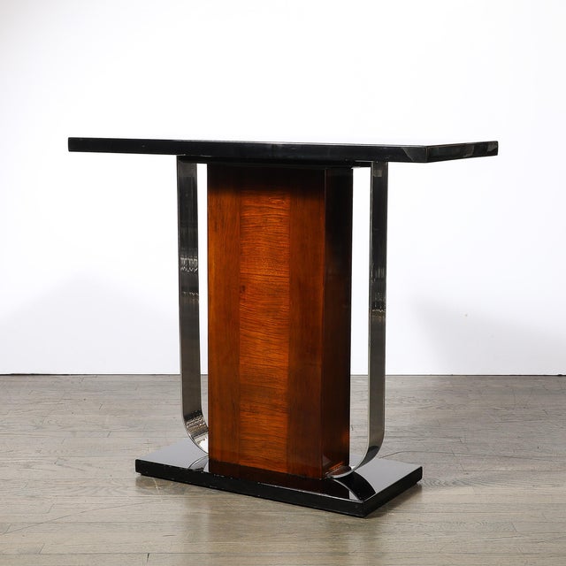Wood Art Deco Machine Age Console Table in Walnut, Lacquer & Banded Nickeled Supports For Sale - Image 7 of 12