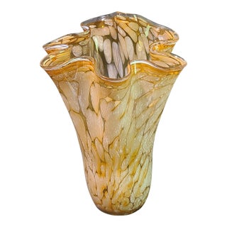 Mid-Century Modern Italian Hand Blown Art Glass Vase Amber Dotted Scalloped Edge For Sale