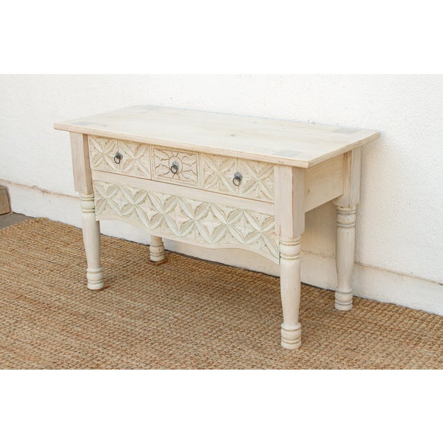 Reclaimed Wood Whitewash Carved Nahuala Console For Sale - Image 4 of 14