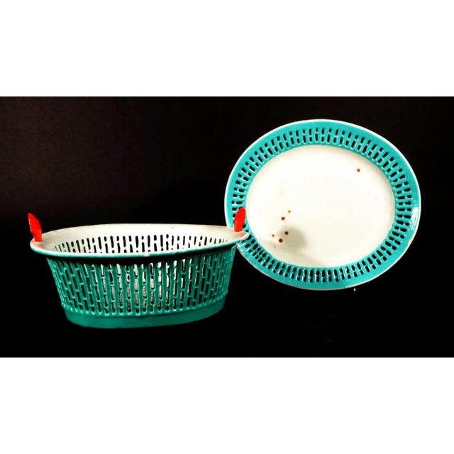 Chinese Chinese Export Porcelain Rare Turquoise Fruit Baskets & Stands- a Pair For Sale - Image 3 of 8