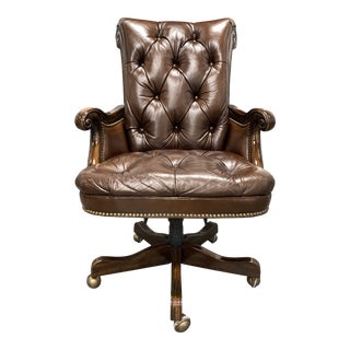 Thomasville French Style Rolled-Back Tufted Leather Executive Chair For Sale