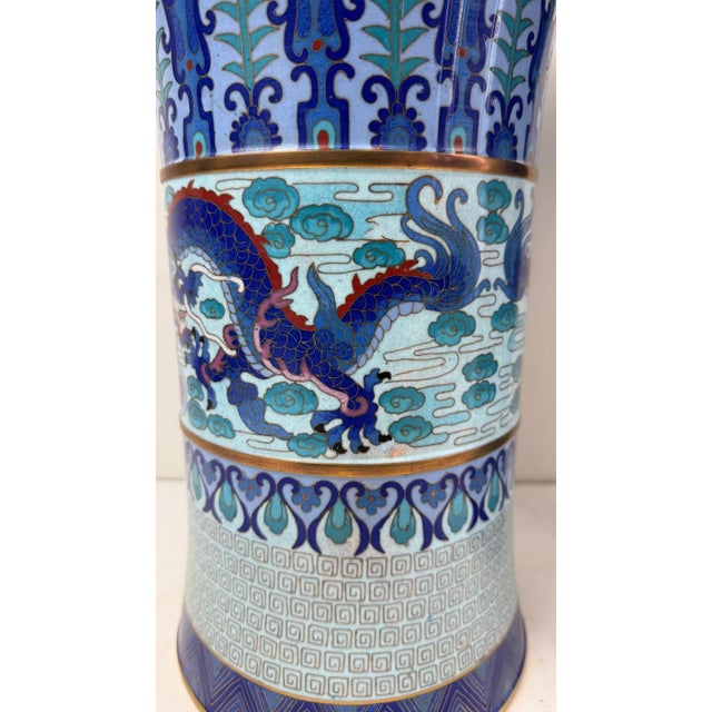 Pair of Chinese Cloisonne Enamel Trumpet Form Vases Blue Dragon Motif For Sale - Image 4 of 10