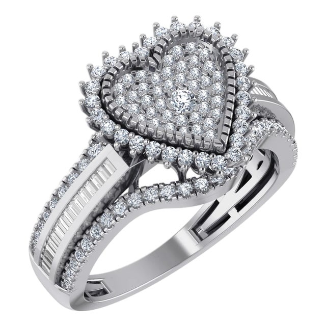10K White Gold Round Baguette Diamond Heart Shape Sz 7 Designer Ladies Ring 3/4 Cttw For Sale