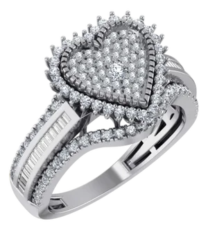 10K White Gold Round Baguette Diamond Heart Shape Sz 7 Designer Ladies Ring 3/4 Cttw