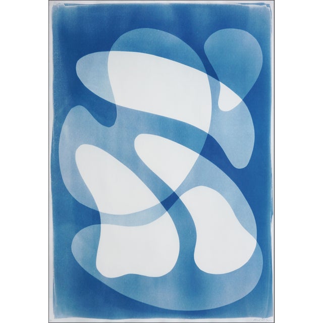 2025, Mid-Century Modern Shapes, Handmade Unique Monotype Cyanotype, Rotating Mobile in Blue Tones by Kind of Cyan For Sale