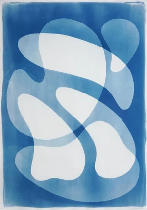 2025, Mid-Century Modern Shapes, Handmade Unique Monotype Cyanotype, Rotating Mobile in Blue Tones by Kind of Cyan