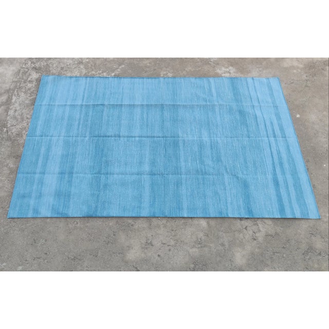 Handmade Cotton Vegetable Dyed Reversible Solid Sky Blue Rug Dhurrie - 6'x9' For Sale - Image 9 of 11