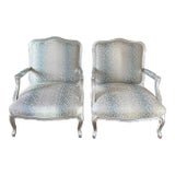 Louis XV Style Silver Leaf Fauteuils / Arm Chairs With Light Blue & White Leopard Upholstery — a Pair For Sale
