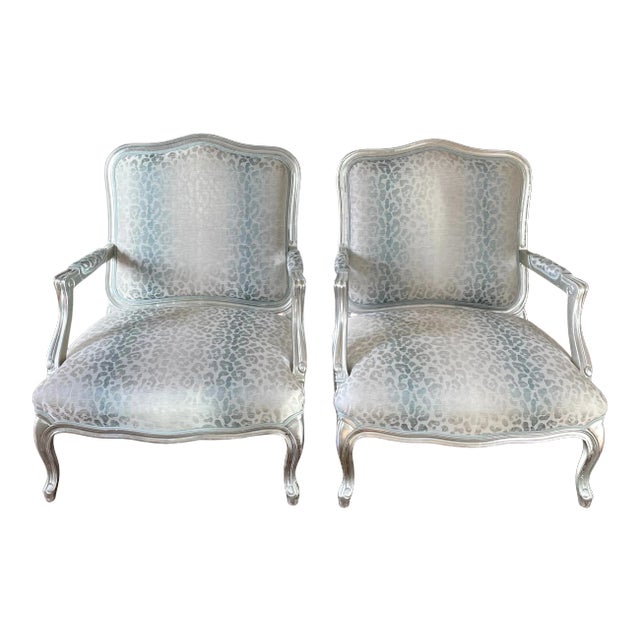 Louis XV Style Silver Leaf Fauteuils / Arm Chairs With Light Blue & White Leopard Upholstery — a Pair For Sale