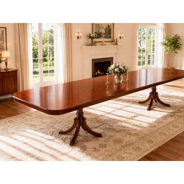 Oxblood Red Vintage Drexel Mahogany Extendable Double-Pedestal Dining Table With 3 Leaves For Sale - Image 8 of 9