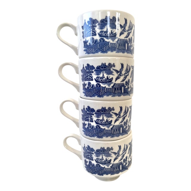 Stackable Ceramic Coffee Cup Set of 4 - Chinoiserie Style Made in England For Sale