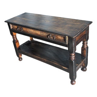 MId 20th Century Rustic Distressed Black Wood Console Table With Drawer and Equestrian Ring Pulls For Sale