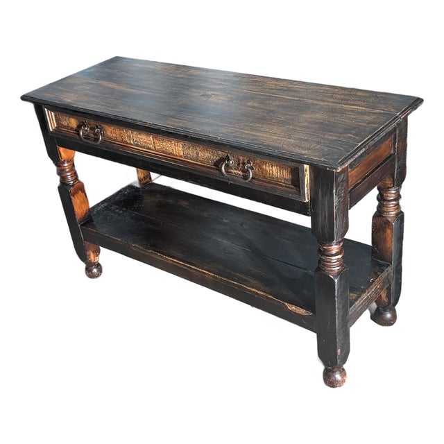 MId 20th Century Rustic Distressed Black Wood Console Table With Drawer and Equestrian Ring Pulls For Sale
