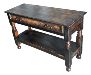 MId 20th Century Rustic Distressed Black Wood Console Table With Drawer and Equestrian Ring Pulls