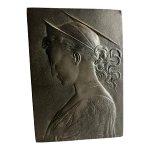 Antique Late 19th Century Bronzed Woman With Crown and Halo Wall Plaque