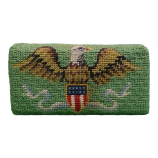 Needlepoint Celadon Green Brick Doorstop W/ American Eagle Shield Crest For Sale