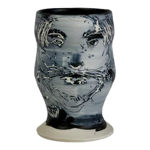 Vintage Ceramic Vase With Curvature Design With Faces Illustration From Santa Fe Artist