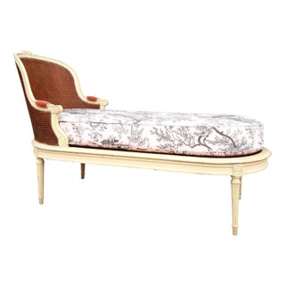 Louis Xvi Style Daybed in Wickerwork & Pink Toile De Jouy Tapestry For Sale