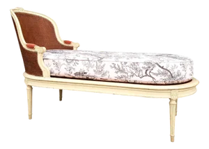 Louis Xvi Style Daybed in Wickerwork & Pink Toile De Jouy Tapestry