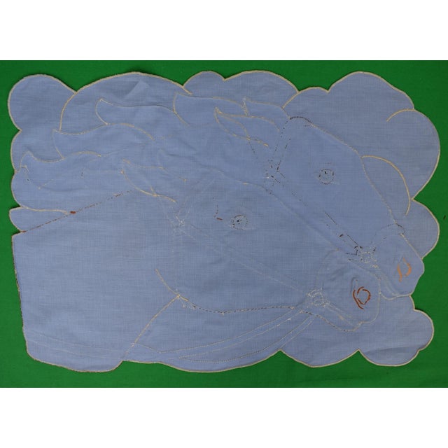 Traditional Set X 4 Madeira Hand Embroidered Linen Horse Head Placemats For Sale - Image 3 of 3