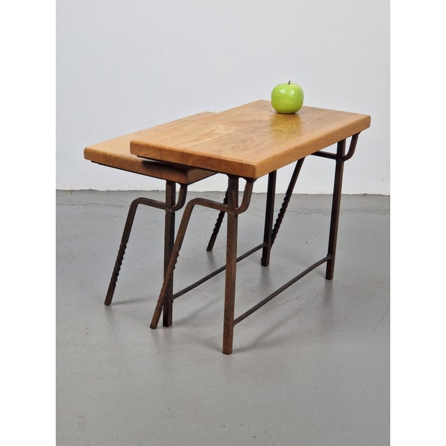 Brutalist Cast Iron and Oak Nesting Tables, 1970s, Set of 2 For Sale - Image 13 of 16