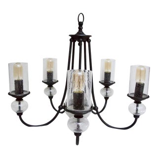 Mid Century Round Iron 5 Arm Chandelier With Bubble Glass For Sale