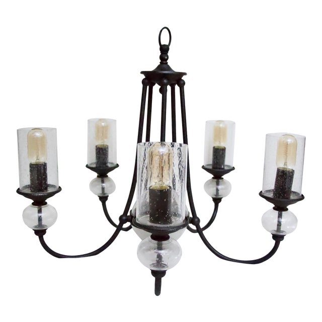 Mid Century Round Iron 5 Arm Chandelier With Bubble Glass For Sale